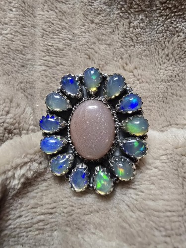 Chocolate Moonstone & Opal Cluster Adjustable Sterling Silver Ring