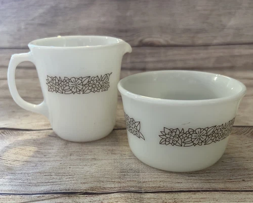 Vintage White PYREX Woodland Brown Print Creamer Sugar Bowl No Lid