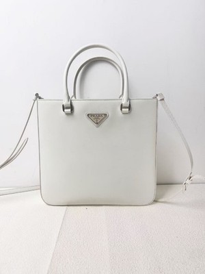 Prada White Smooth Leather Vertical Tote Work Handbag With Crossbody Strap AUTH