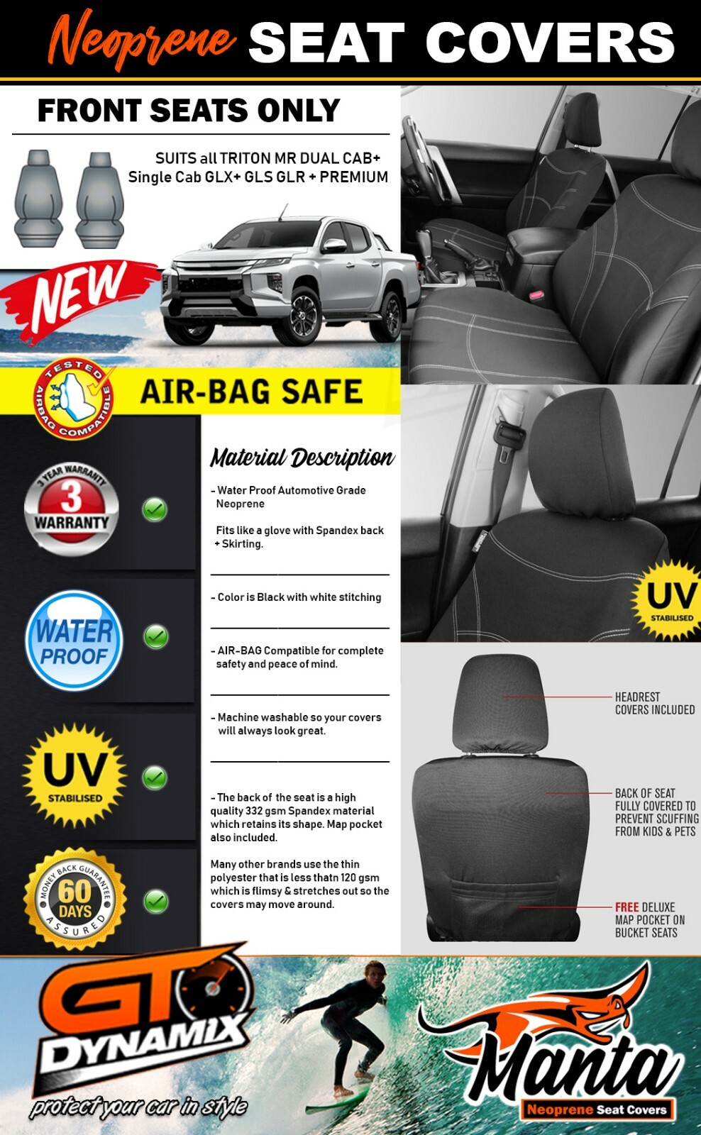 Manta Custom Neoprene Black Front Seat Covers for TRITON MR DUAL CAB