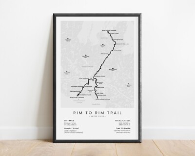 Rim to Rim Trail Poster | Grand Canyon Hiking Map Print | Trekking Wall Art