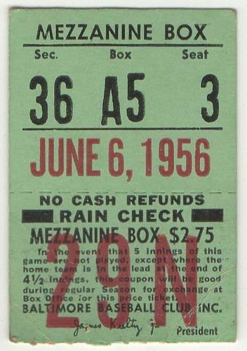 1956 BALTIMORE ORIOLES vs CLEVELAND INDIANS Ticket Stub ROCKY COLAVITO Rookie