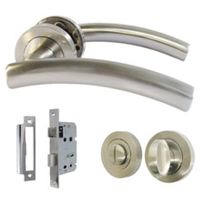 Arched Lever Door Handle on Rose SATIN Curve Lever Thumbturn Bathroom Lock Set