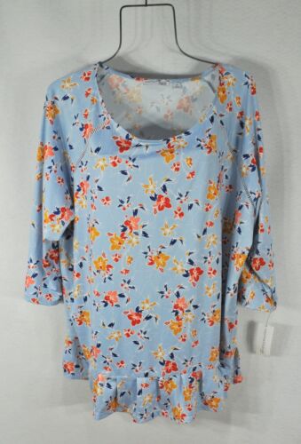 Notations Women's Top Blouse 2X Plus 3/4 Sleeve Floral Blue INWT