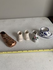 4 Vintage Ceramic Pottery CollectorBaby Shoes And 1 Copper Aluminum Looking Shoe