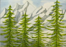 Painting Watercolor Trees Snow Mountain Landscape Original Art 11x14 Mat 16x20