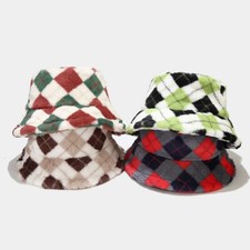 Damen Plüsch Bucket Hat Check Warm Breiter Rand Fischerhut Mode Winter Outdoor