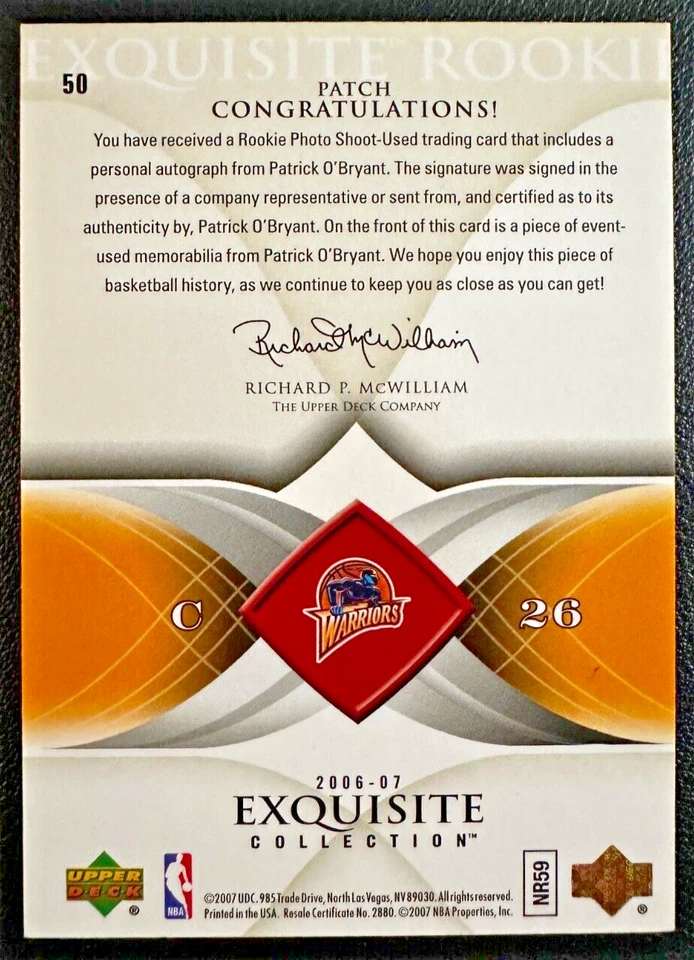 PATRICK O'BRYANT 2006-07 UD Exquisite Collection Rookie Patch Autograph 151/225 - Image 2 of 2