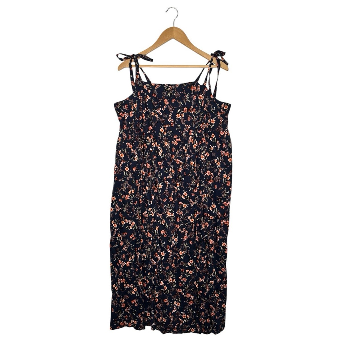 New Old Navy Dress Womens 2X Blue Floral Midi Fit Flare Square Neck Tie  Straps