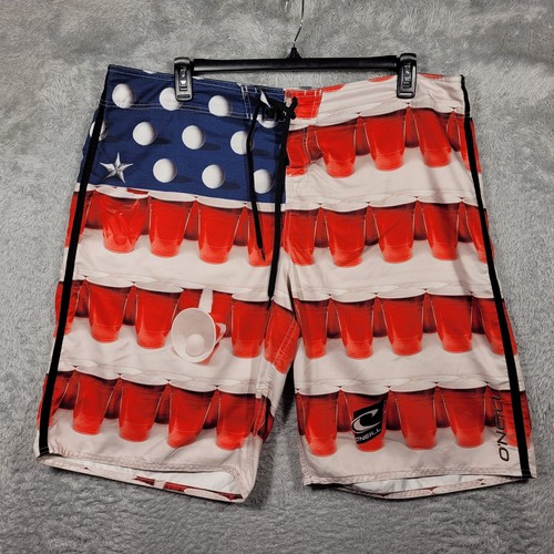 O'Neill Board Shorts Mens 42 Beer Pong Red Solo Cup Red White Blue Swim Trunks