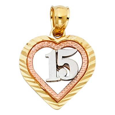 Solid 14K Gold 15 Years Heart Pendant - 13mm Quinceañera Charm 3T Gold - PT369