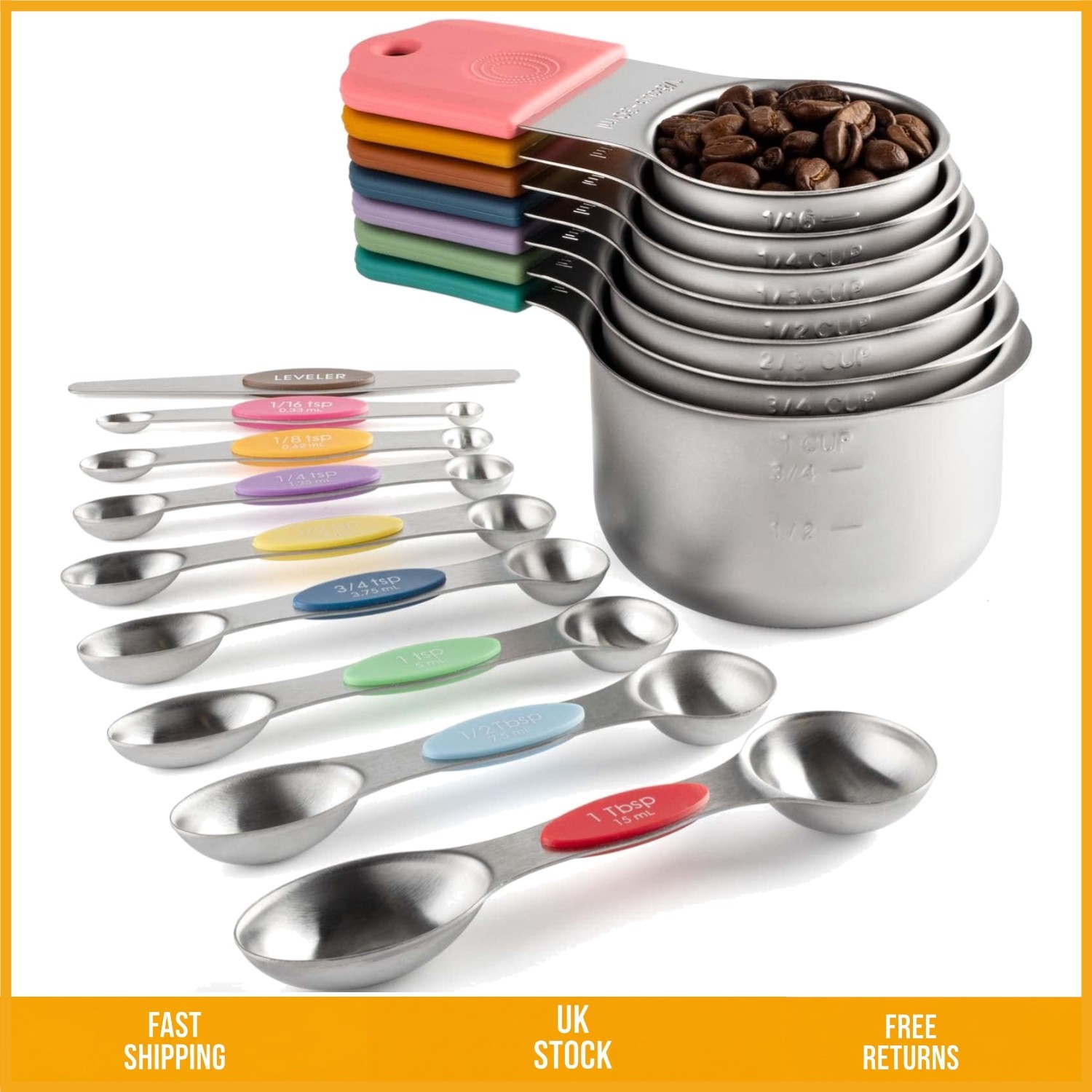 Magnetic Stainless Steel Measuring Cups and Spoons Set, 16 Piece