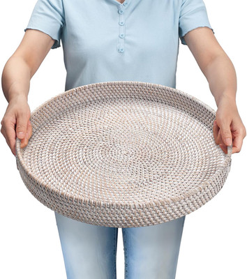 16.9 Inch round Rattan Tray, Woven Large Serving Tray with Handles, Wicker Servi
