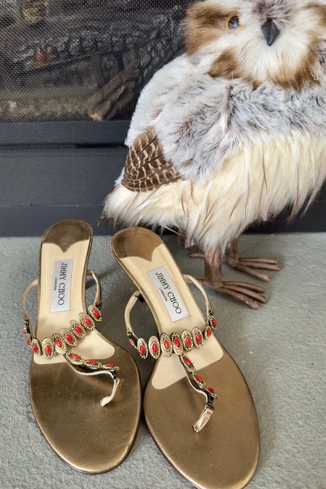 JIMMY CHOO стринги T ремень платье каблука сандалии украшенный драгоценными камнями металлик золото красный Cor G2U - Изображение 2 из 4