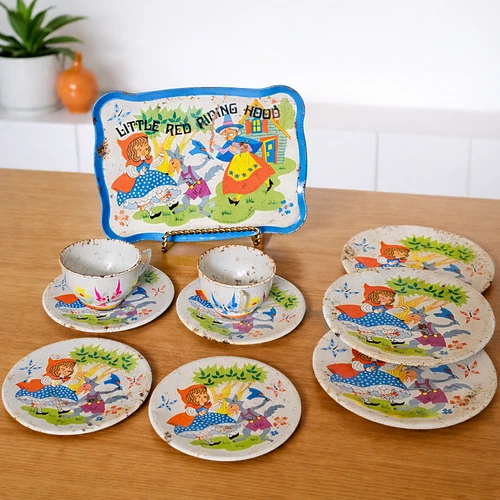Vintage Little Red Riding Hood Tin Toy Tea Set Ohio Art 1960s Litho Tray Plates