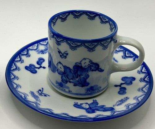Nabeshima Japan Demitasse Cup & Saucer Set Blue &White EUC 4 Avail. Chinoiserie