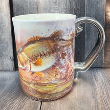 Rivers Edge Products 3D Ceramic Coffee Mug Cup 15 Oz Fishing Scene Silver Handle