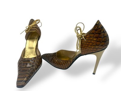VTG FIORANGELO Handcrafted leather embossed Reptile Heels Italy VERO COIO 38