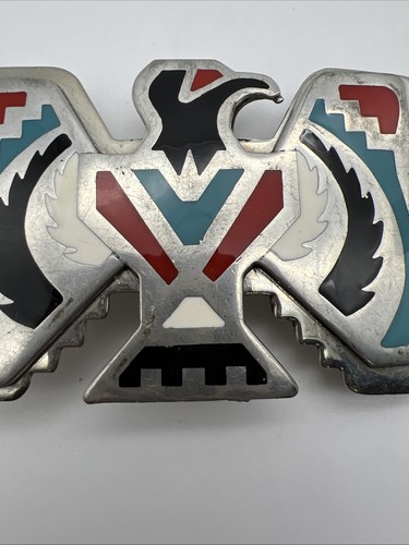 Vintage Tex Tan Native Nickel Silver Inlay Thunderbird Belt Buckle - Picture 3 of 13
