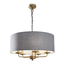 Image of Litecraft Celia Ceiling Pendant Bluish Grey Drum Shaded 5 Light - Antique Brass