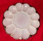 Vintage MCM Anchor Hocking Milk Glass Deviled Egg Dish Plate Platter Gold Rim