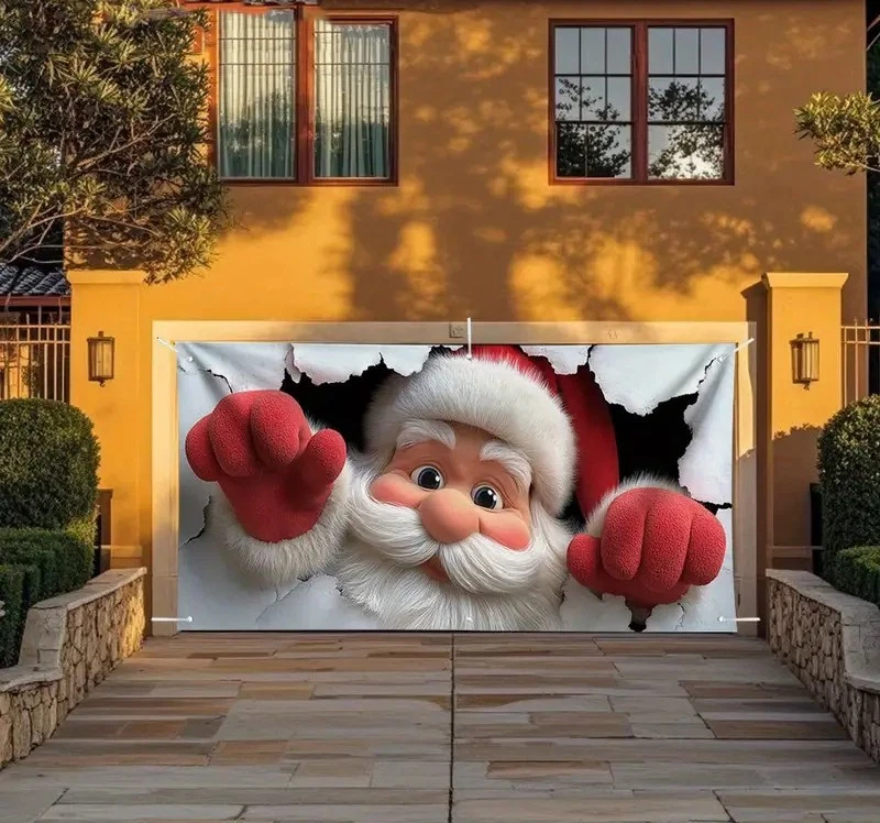 Surprising Santa Christmas Garage Door Banner Cover Fabric Holiday Party Decor - image 2 of 4