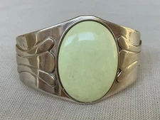 Signed DTR Sterling Silver Wide Cuff Bracelet With Large Oval Lime Serpentine 