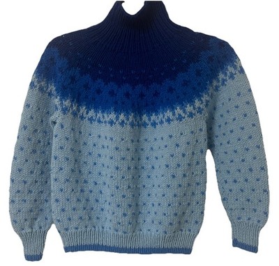 Vintage Hand Knit Sweater Youth M-L Blue Fair Isle Turtle Neck Ski Outdoors OOAK