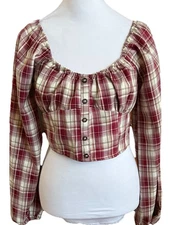 LOVE TREE Red + Cream Plaid Long Sleeve Smocked Crop Top Size Medium