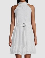 $140 Michael Kors Women's White Belted Eyelet Sleeveless Mini Dress Size M