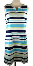 Talbots Dress Sz 10P Coastal Blue Green White Turquoise Split V Neck Stripes NWT