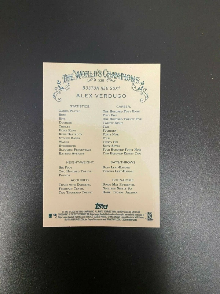 2020 TOPPS CHROME ALLEN & GINTER ALEX VERDUGO  # 236 - Image 2 of 2