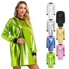 Shiny Women T-Shirt Dress Straight Mini Tshirt Dress Metallic Long Sleeve