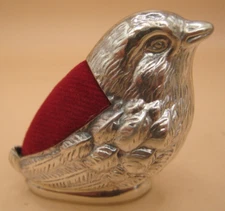 Beautiful English Hallmarked Sterling Silver Jenny Wren Pin Cushion Red Velvet
