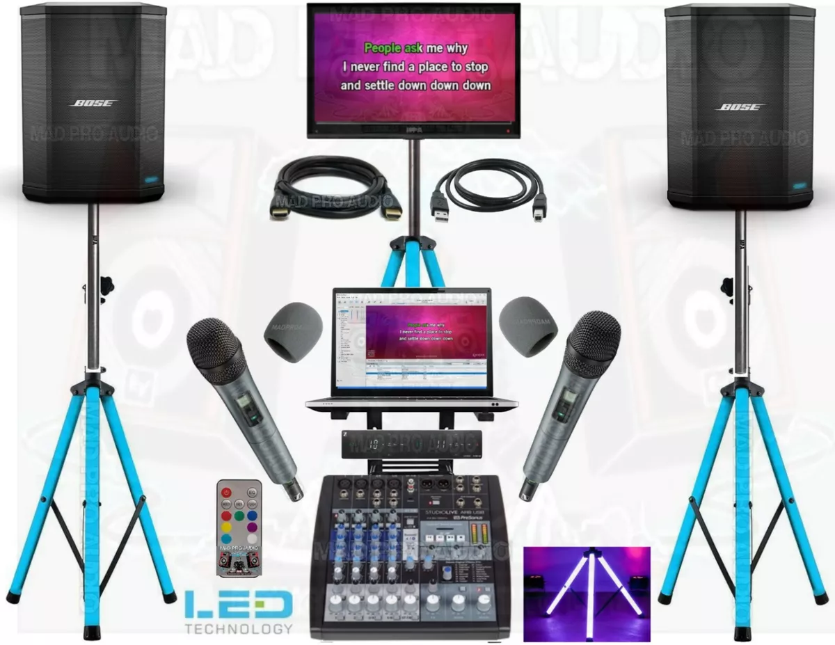 professional karaoke laptop system with laptop, music, Bose speakers,  Sennheiser