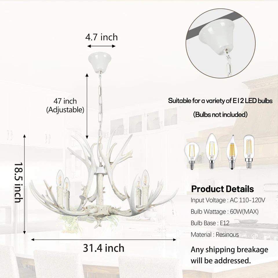 Araña de asta blanca 31,4" ajustable estilo vintage araña de asta de ciervo... Foto 3 de 4