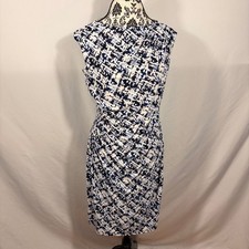 Chaps Womens Blue White Abstract Geometric Ruched Sheath Dress Large NWT