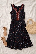 Gap Black Embroidered Midi Dress Boho Sleeveless Fit Flare Sz Small Aztec Hippie