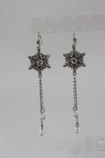 Rhinestone Snowflake Earrings, Crystal Beads, Silver Tone, 10gr