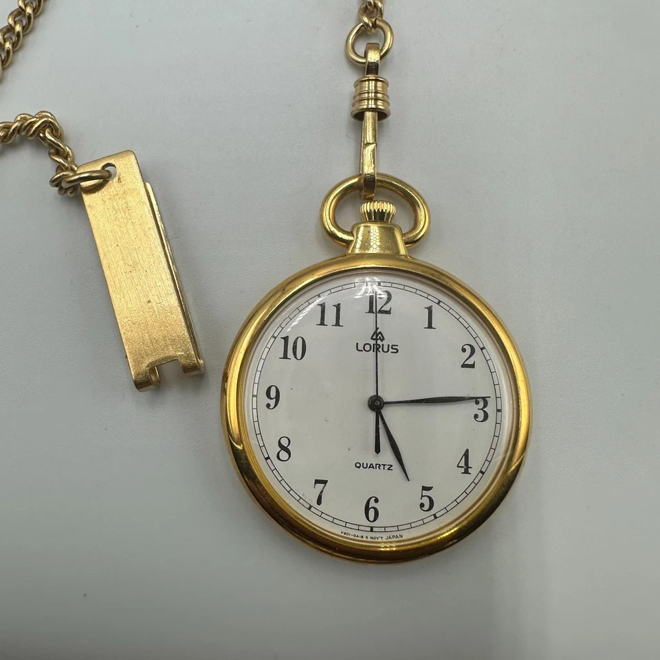 Vintage Lorus Pocket Watch Men Gold Tone With Chain 36MM Open Face New Battery - Image 2 of 4