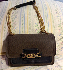 Michael Kors Brown/Black Logo Leather Shoulder Bag Gold Chain Magnetic Detach