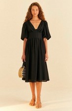 NEW Farm Rio Black Short Puff Sleeve Midi Dress Open Back Beaded Tassel Size XXS