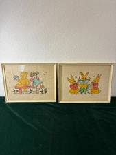 Vintage Framed Rabbit Bear Embroidery Nursery Wall Decor Glass 1970s