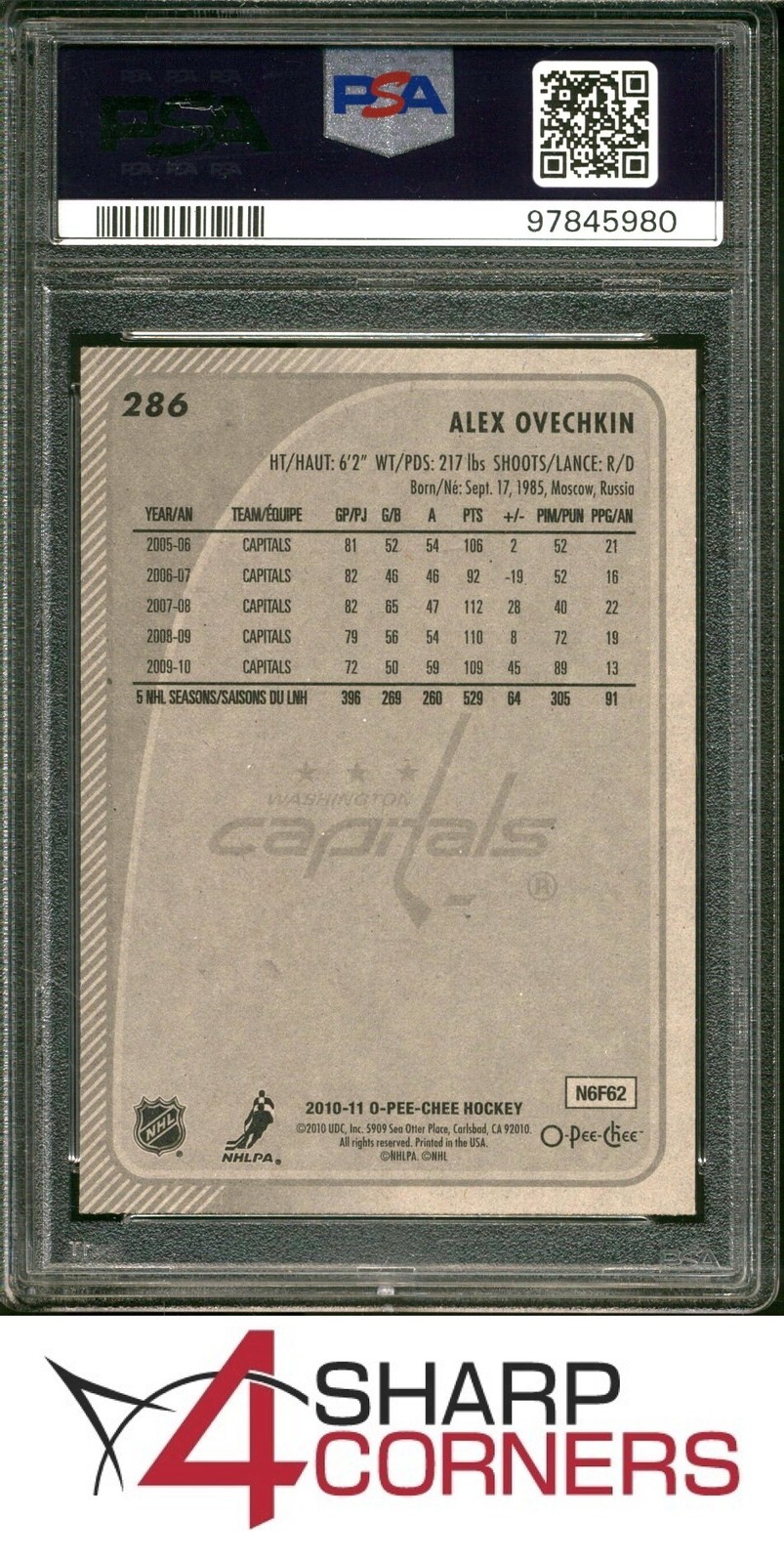 2010 O-PEE-CHEE #286 ALEXANDER OVECHKIN POP 1 PSA 9 view 2