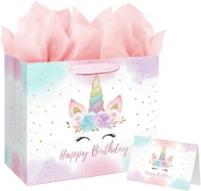 13" Large Unicorn Birthday Gift Bag with 1 Count Pack of 1 , 13 inch Pink