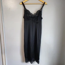 Vintage Vanity Fair Nylon Full Length Slip Black V-neck Semi-Sheer Nightgown 32