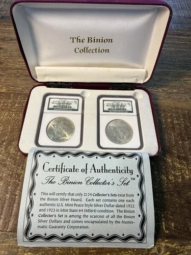 1922 & 1923 Peace Silver Dollar Set - Binion Silver Hoard - NGC MS64 - Box & COA
