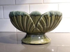 Vintage Mid Century USA Pottery Drip Glazed Green Shell Design Pedestal Planter