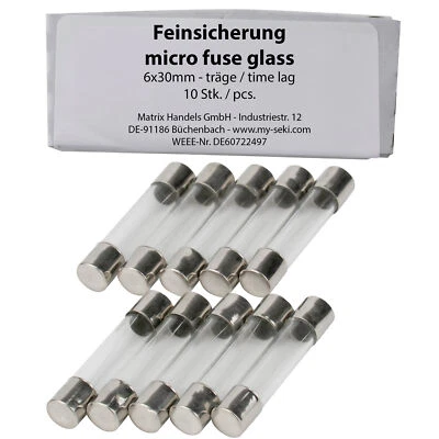 10 Stk. SeKi Feinsicherung 2A, 6x30mm, Träge - Glassicherung