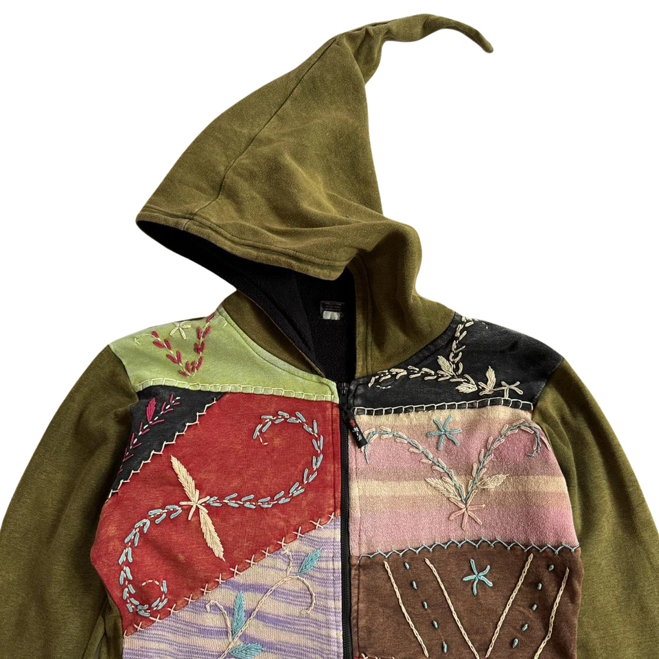 Sudadera con Capucha Para Mujer Vintage Y2K Avant Garde Patchwork Miz Elf Caqui Talla S Foto 2 de 4